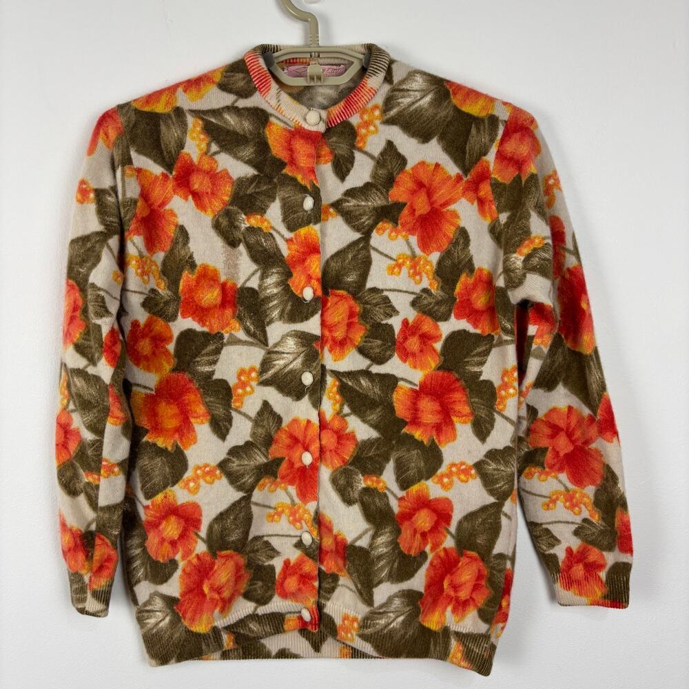 Vintage Floral Cardigan Sweater 38 angora wool Golden Cup green orange *stain